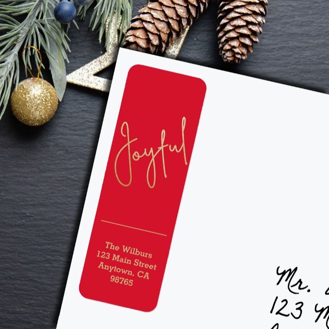Gold JOYFUL on Red Christmas Return Address (Gold script JOYFUL on red Christmas holiday vertical skinny return address labels
)