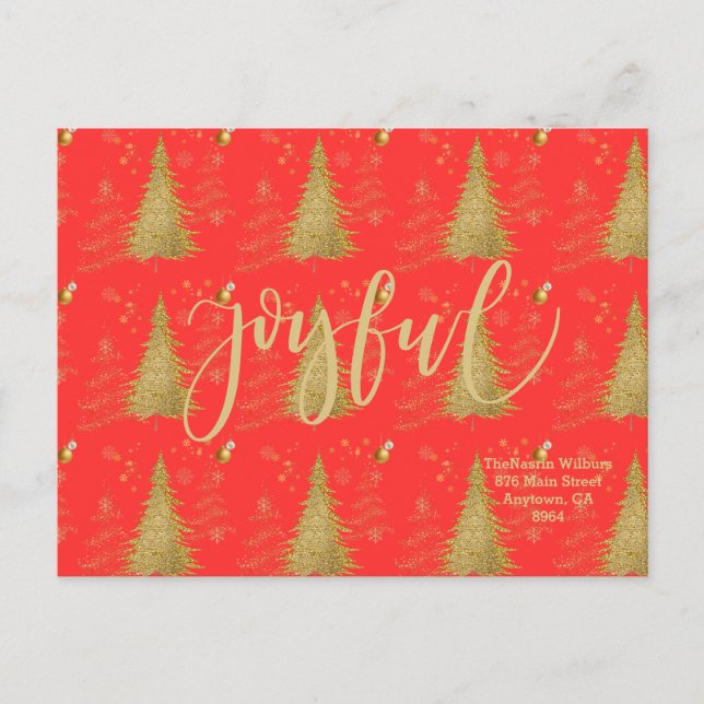 Gold JOYFUL on Red ChristmasHoliday Party  Invitation Postcard (Front)