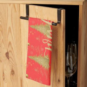Gold JOYFUL on Red ChristmasHoliday Party Kitchen Towel