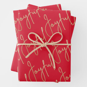 Gold JOYFUL on Red Wrapping Paper Sheet