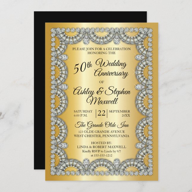 Gold Jubilee Diamond 50th Wedding Anniversary Invitation (Front/Back)