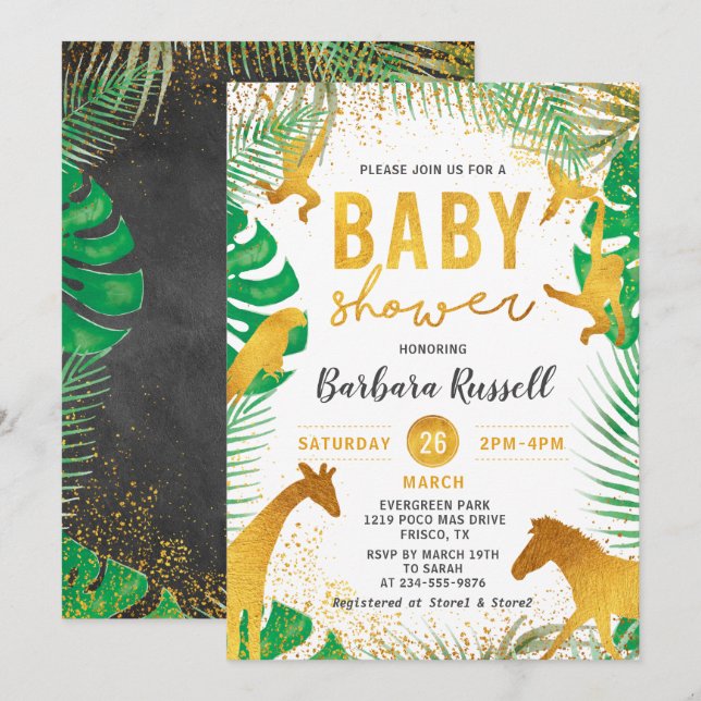 Gold Jungle Animals Safari Boy Baby Shower Invitation (Front/Back)