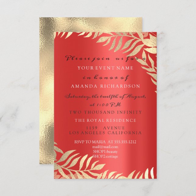 Gold Jungle Red Ruby Gold Elegant Bridal Birthday Invitation (Front/Back)