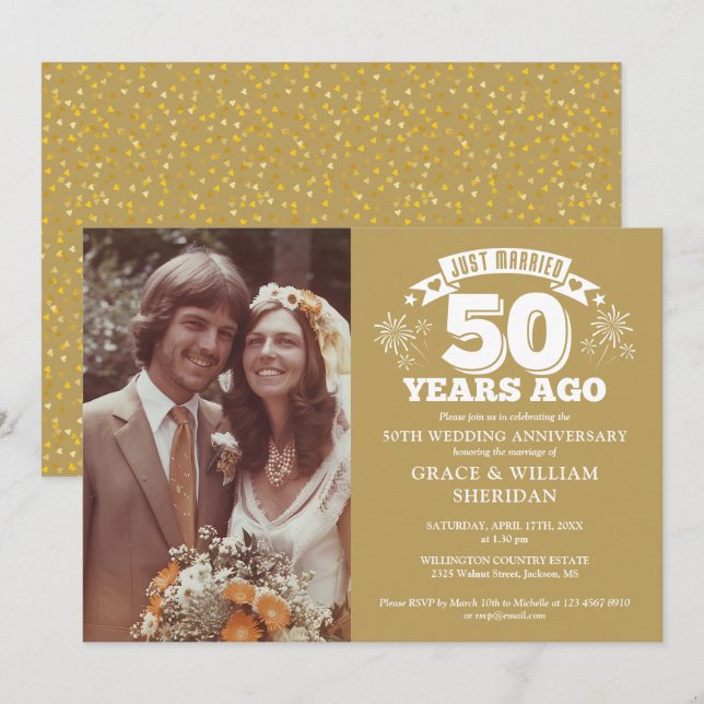 Gold Just Married 50th Wedding Anniversary Photo Invitation (Front/Back)