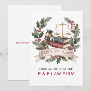 Gold Justice Scale Holly Wreath Law Firm Christmas Holiday Card