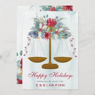 Gold Justice Scale Holly Wreath Law Firm Christmas Holiday Card