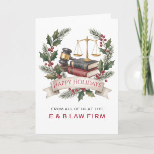 Gold Justice Scale Holly Wreath Lawyer Christmas Holiday Card