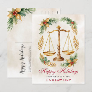 Gold Justice Scale Holly Wreath Lawyer Christmas Holiday Postcard