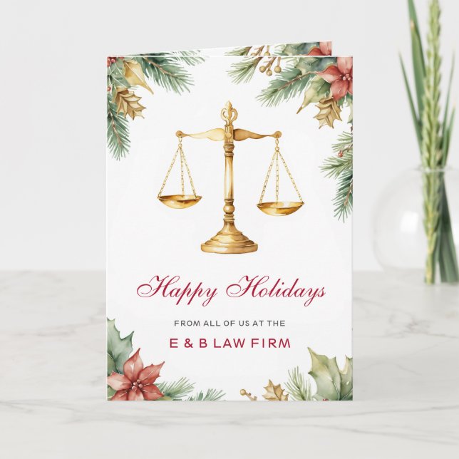Gold Justice Scale Pine Holly Law Firm Christmas  Holiday Card (Front)
