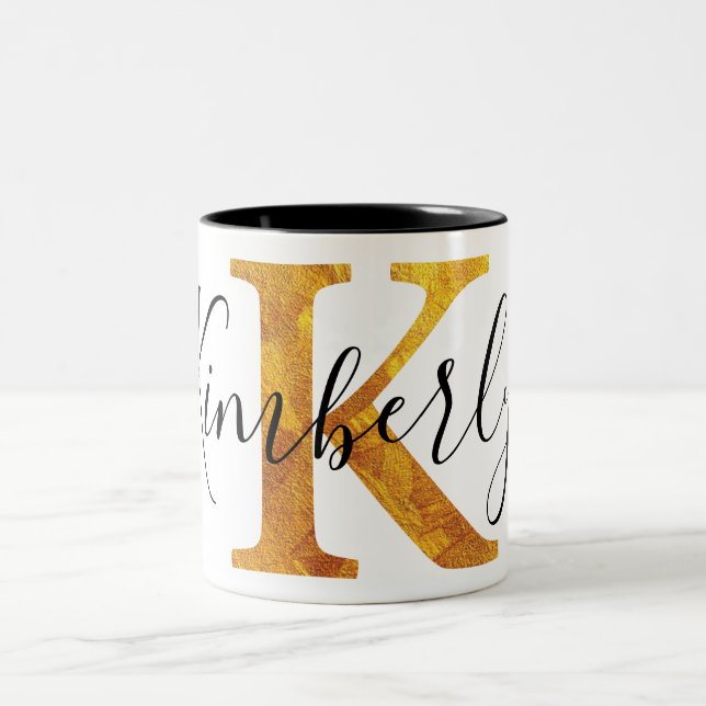 Gold 'K' Monogram w/ Personalized Name Two-Tone Coffee Mug (Center)