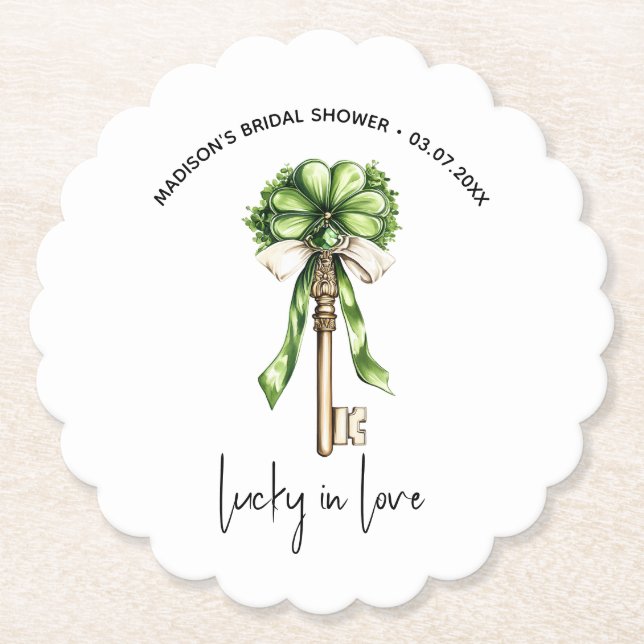 Gold Key Clover Bridal Shower Personalized  Paper Coaster (Front)