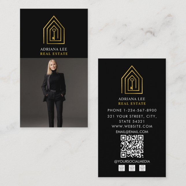 Gold Key Photo Real Estate Agent QR Code Black Business Card (Front/Back)