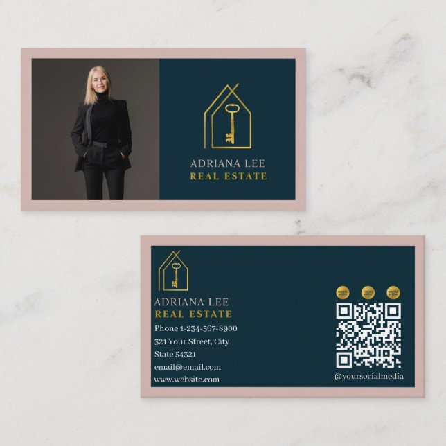 Gold Key Photo Real Estate Agent QR Code Pink Business Card (Front/Back)