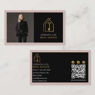 Gold Key Photo Real Estate Agent QR Code Pink Business Card