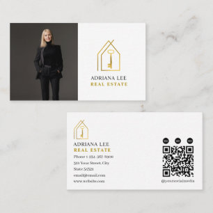 Gold Key Photo Real Estate Agent QR Code White Business Card