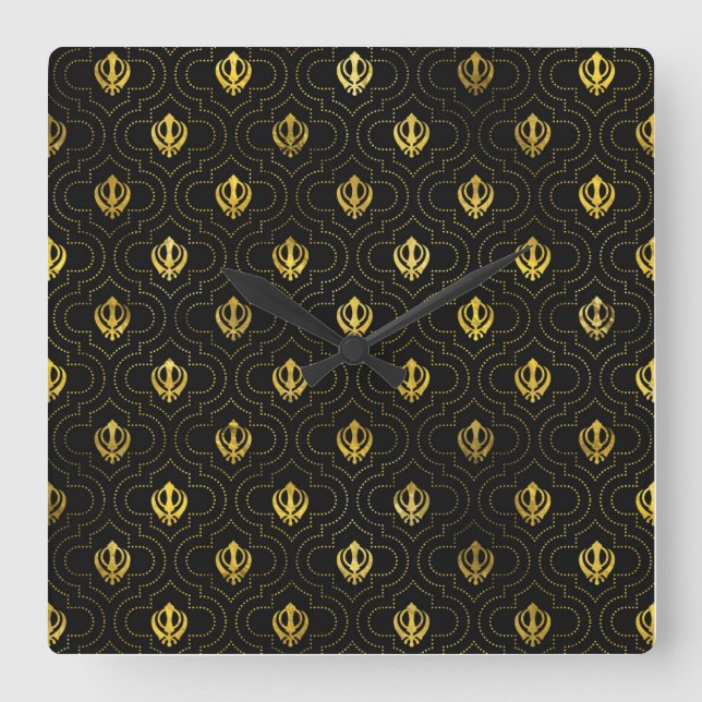 Gold Khanda symbol pattern Square Wall Clock (Front)