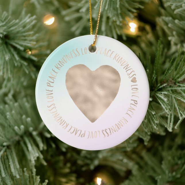 Gold Kindness Love Peace Heart Aqua Pink Tie Dye Ceramic Ornament (Tree)