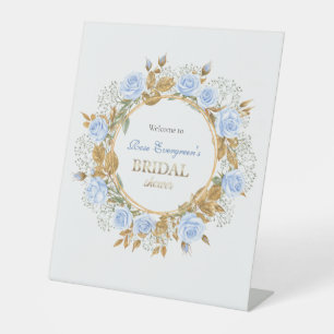 Gold-Kissed Blue Rose Bridal Pedestal Sign