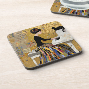 Gold Klimt Piano Lady with Black Cat Coaster