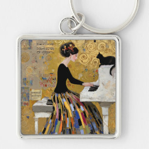 Gold Klimt Piano Lady with Black Cat Keychain