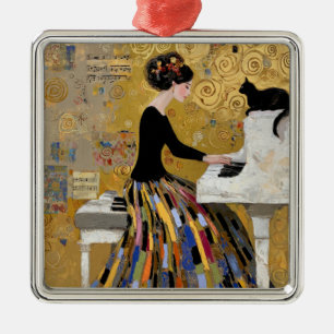 Gold Klimt Piano Lady with Black Cat Metal Ornament