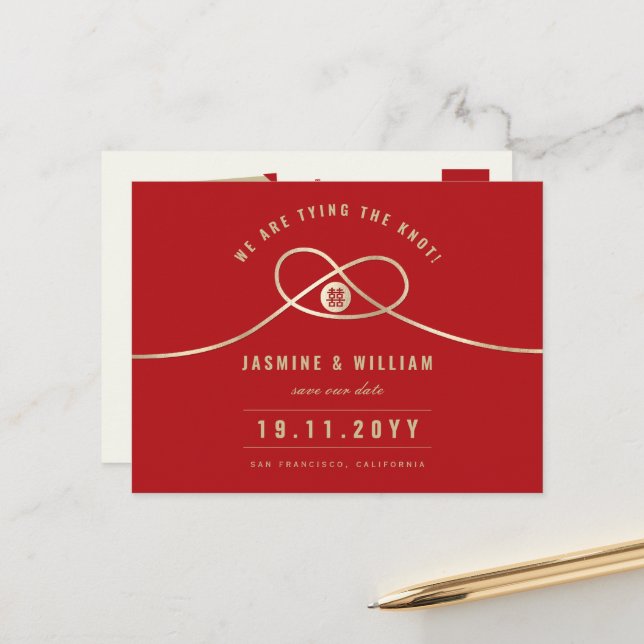 Gold Knot Double Happiness Chinese Save The Date  Announcement Postcard (Front/Back In Situ)