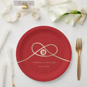 Gold Knot Union Double Happiness Chinese Wedding Paper Plate