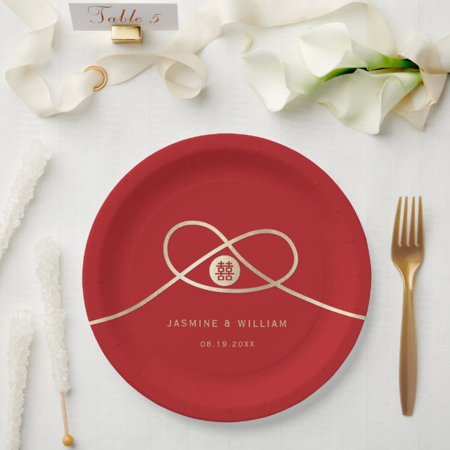 Gold Knot Union Double Happiness Chinese Wedding Paper Plate (Wedding)