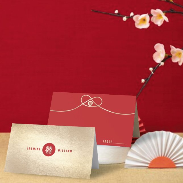 Gold Knot Union Double Happiness Chinese Wedding Place Card (Red/Gold Knot Union Double Happiness Modern Stylish Chinese Wedding Place Card @ fatfatin_red_knot)