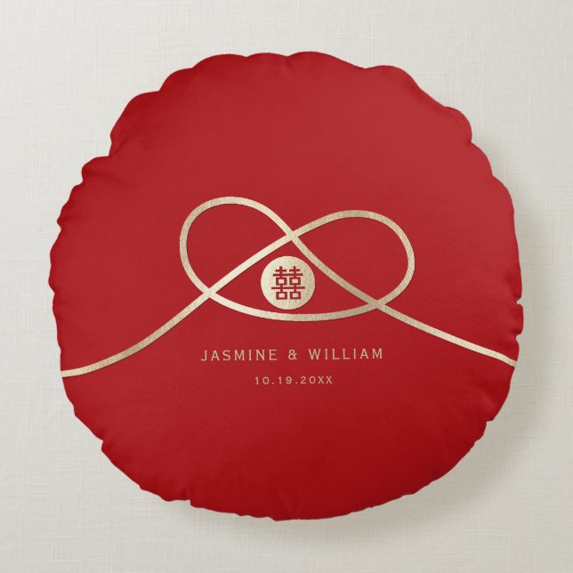 Gold Knot Union Double Happiness Chinese Wedding Round Pillow (Front)