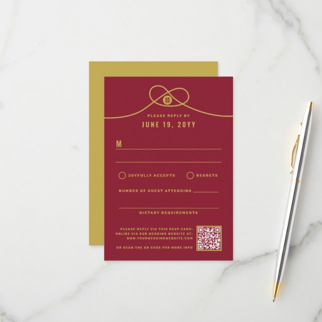 Gold Knot Union Double Happiness Chinese Wedding RSVP Card (Front/Back In Situ)