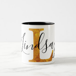 Gold 'L' Monogram w/ Personalized Name Two-Tone Coffee Mug