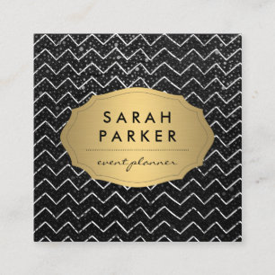 Gold Label with Chic Metallic Dot Chevron Pattern Square Business Card