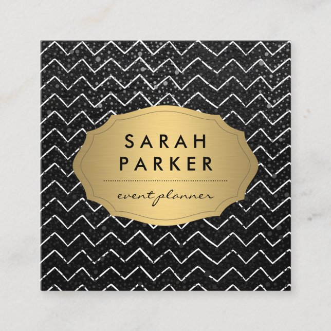 Gold Label with Chic Metallic Dot Chevron Pattern Square Business Card (Front)