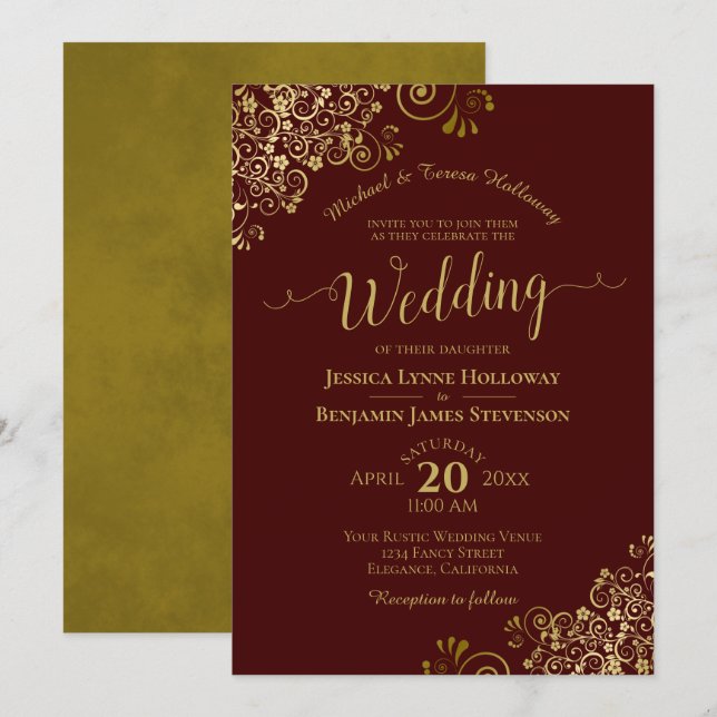 Gold Lace Auburn Brown Elegant Formal Wedding Invitation (Front/Back)