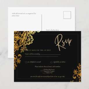 GOLD LACE Black All-in1 Wedding INVITE QR Code Postcard