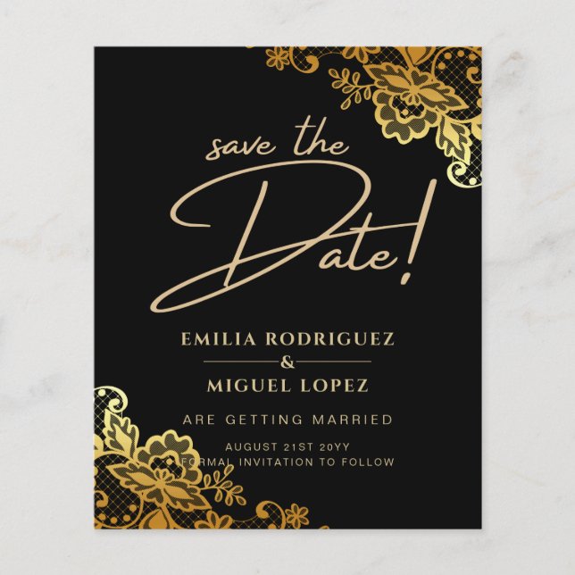 GOLD LACE Black All-in1 Wedding Save the Date Flyer (Front)