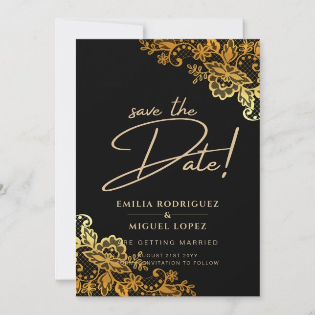 GOLD LACE Black All-in1 Wedding Save the Date Invitation (Front)