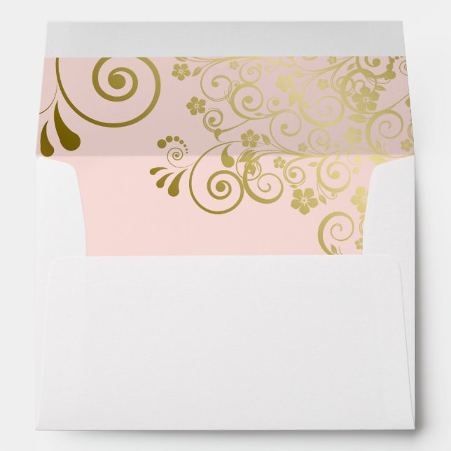 Gold Lace Blush Pink Inside Elegant White Wedding Envelope (Back (Bottom))