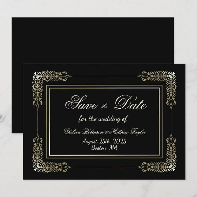 Gold Lace Border Black Wedding Save The Date (Front/Back)