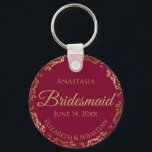 Gold Lace Bridesmaid Wedding Gift Burgundy Maroon Keychain<br><div class="desc">These keychains are designed to give as favors to bridesmaids in your wedding party. They feature a simple yet elegant design with a maroon or burgundy background, gold lettering, and a golden faux foil floral lace border. Perfect way to thank your bridesmaids for being a part of your special day!...</div>