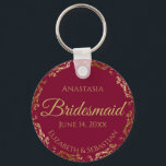 Gold Lace Bridesmaid Wedding Gift Burgundy Maroon Keychain<br><div class="desc">These keychains are designed to give as favors to bridesmaids in your wedding party. They feature a simple yet elegant design with a maroon or burgundy background, gold lettering, and a golden faux foil floral lace border. Perfect way to thank your bridesmaids for being a part of your special day!...</div>