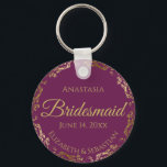 Gold Lace Bridesmaid Wedding Gift Cassis Purple Keychain<br><div class="desc">These keychains are designed to give as favours to bridesmaids in your wedding party. They feature a simple yet elegant design with a cassis purple, magenta, or berry coloured background, gold lettering, and a golden faux foil floral lace border. Perfect way to thank your bridesmaids for being a part of...</div>