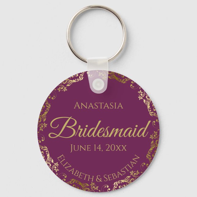 Gold Lace Bridesmaid Wedding Gift Cassis Purple Keychain (Front)