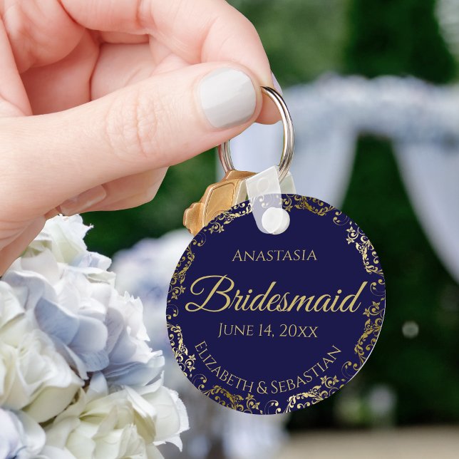 Gold Lace Bridesmaid Wedding Gift Navy Blue Keychain (Creator Uploaded)