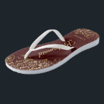 Gold Lace Burgundy Brown Bridesmaid Wedding Flip Flops<br><div class="desc">These elegant wedding flip flops are a great way to thank and recognize your bridesmaids, while giving their feet a rest after a long day. The beautiful design features an elegant design with golden lace frills on a burgundy brown or auburn coloured background and fancy gold coloured script lettering. The...</div>