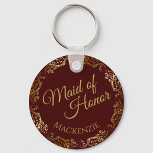 Gold Lace & Burgundy Elegant Maid of Honour Weddin Keychain