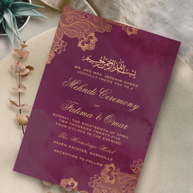 Gold Lace Burgundy Islamic Muslim Mehndi Ceremony Invitation (Creator Uploaded)
