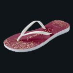 Gold Lace Burgundy Maroon Bridesmaid Wedding Flip Flops<br><div class="desc">These elegant wedding flip flops are a great way to thank and recognize your bridesmaids, while giving their feet a rest after a long day. The beautiful design features an elegant design with golden lace frills on a burgundy, maroon, or wine red colored background and fancy gold colored script lettering....</div>