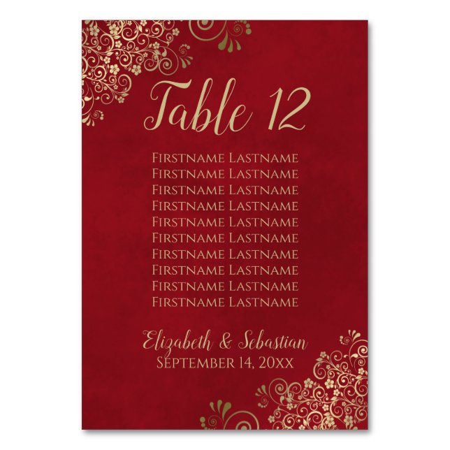 Gold Lace Chic Crimson Red Wedding Seating Chart Table Number (Front)